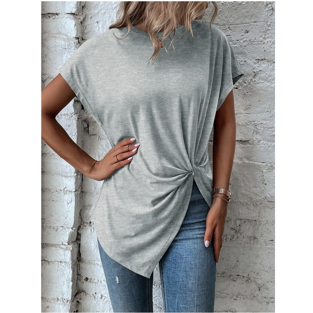 Twist Detail Grey Tee Shirt Short Sleeve Round Neck - Picture 4 of 12
